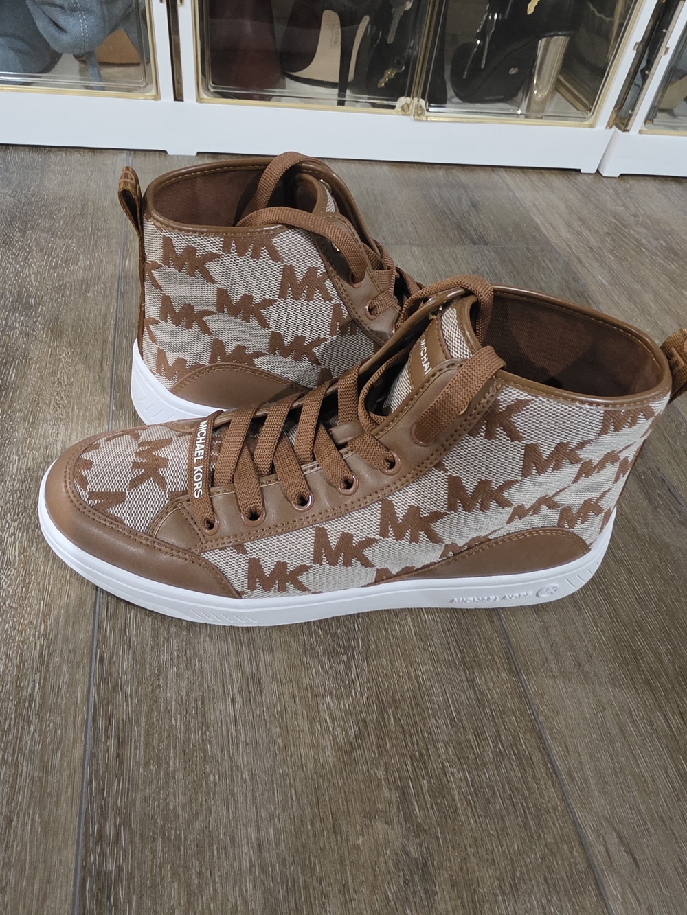 Michael Kors Brown & Cream MK Logo High-Top Sneakers